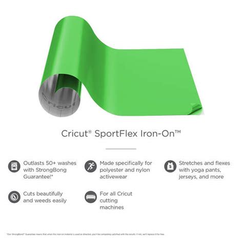 Cricut SportFlex Iron-On 30x60cm (Neon Green); Thin and lightweight to stretch and flex on active wear; Made for tech fabrics like polyester and nylon; Features the Cricut StrongBond™ Guarantee* for long-lasting results that stick; Easy to weed and apply; use your household iron or Cricut EasyPress™